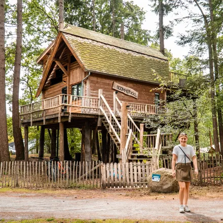 Houten boomhut op palen tussen de bomen, met een bezoeker op het pad ervoor